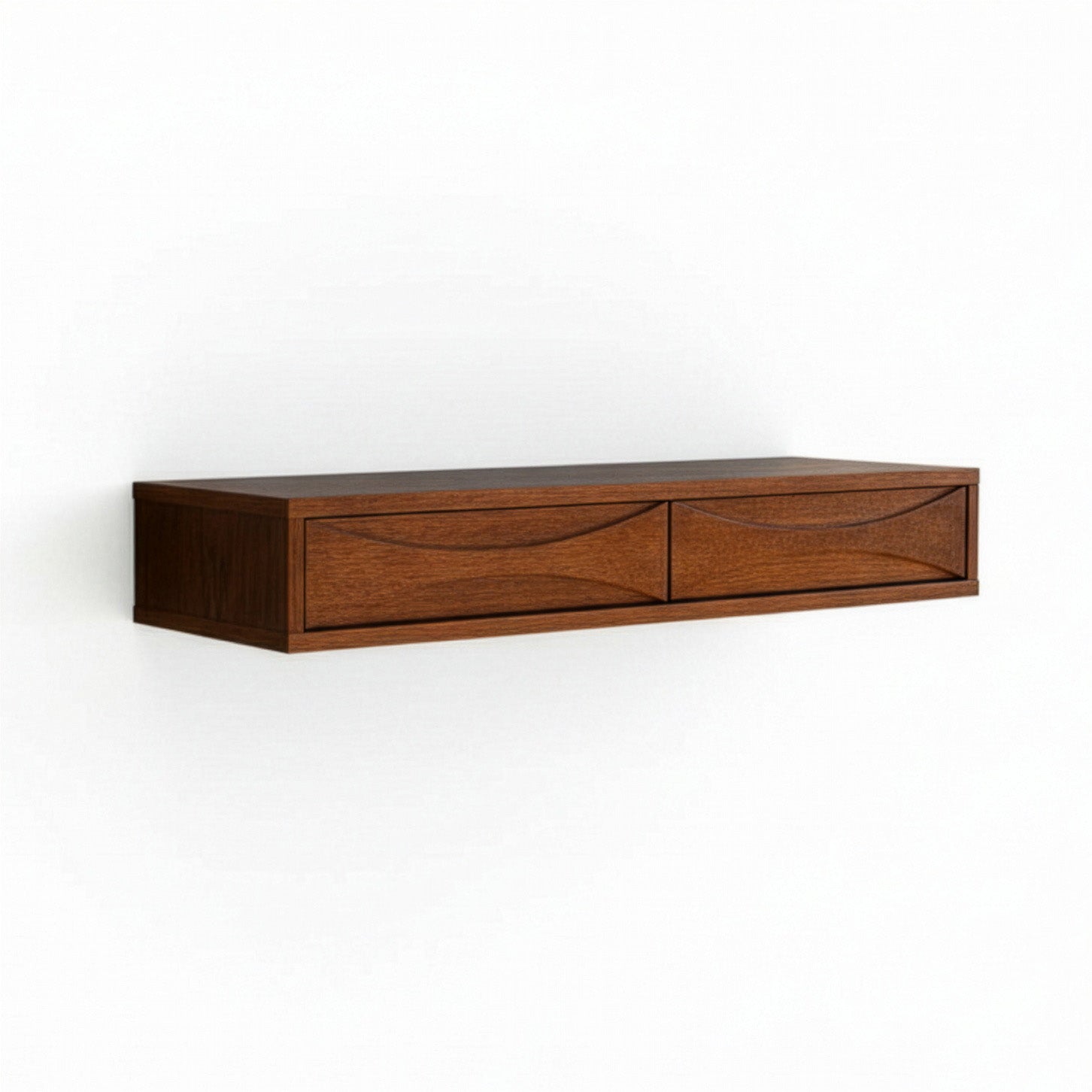 Wooden floating shelf with two drawers on a white background